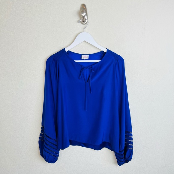 PARKER Royal Blue Silk Neck Tie Balloon Sleeve Blouse - Picture 2 of 8